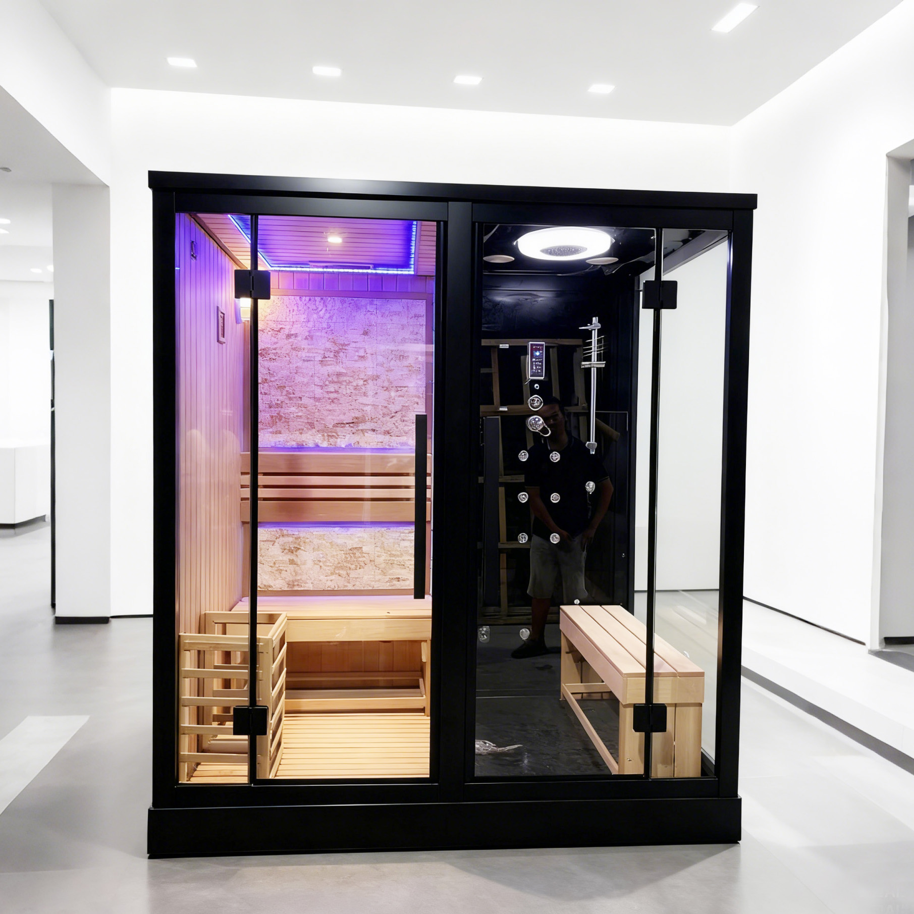 Sauna steam shower with stainless steel frame