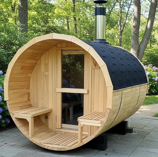 Outdoor barrel sauna with wood fired stove