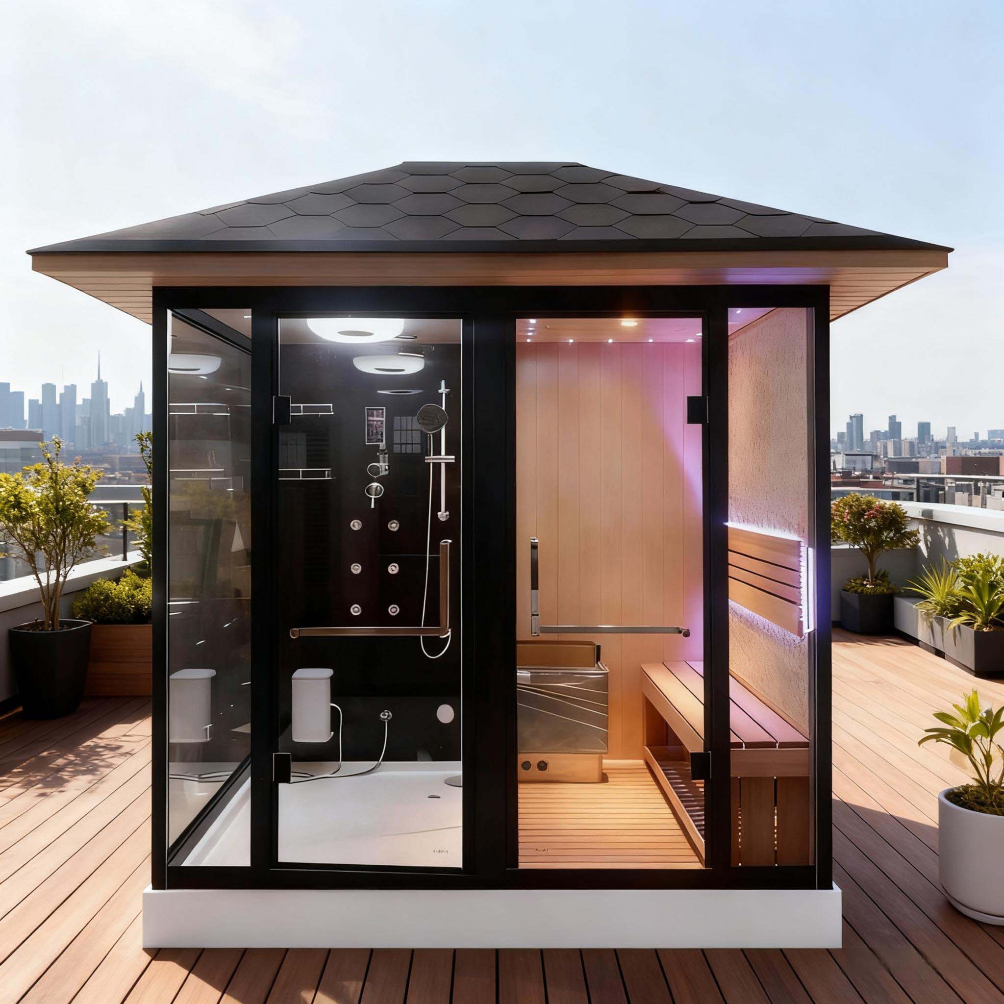 Outdoor sauna and steam shower combination