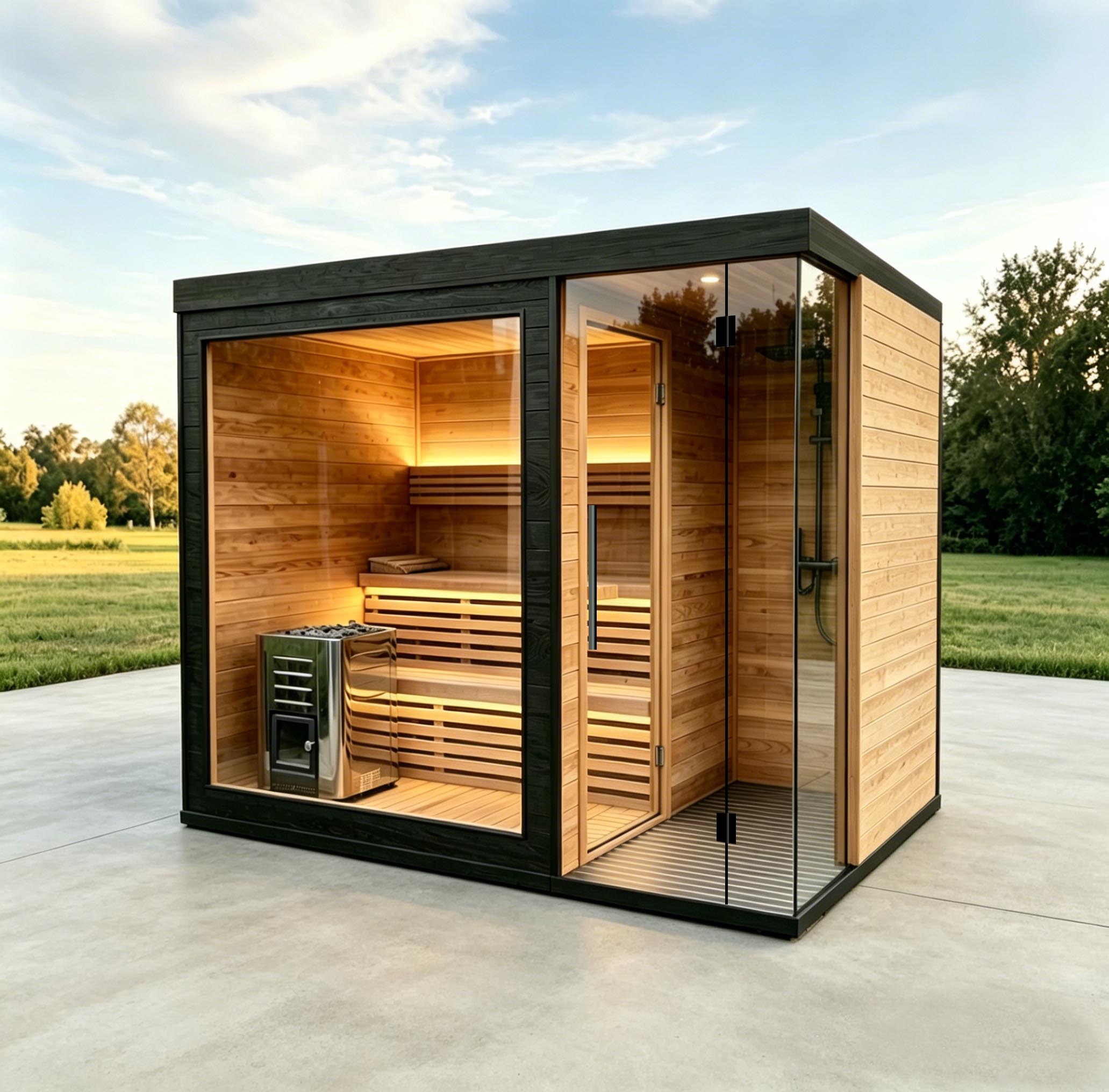 Outdoor sauna with shower and steam